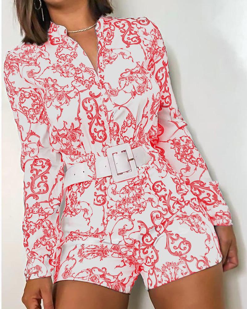 

Print V-neck Long Sleeve Casual Top & Short Set, Red
