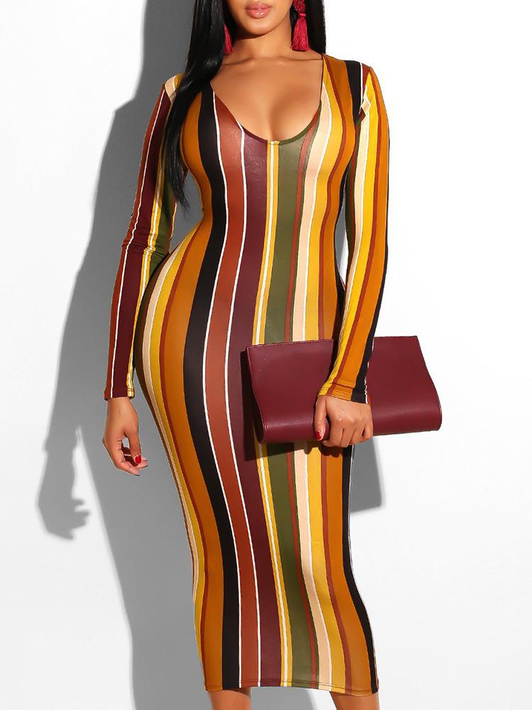 

Colorful Striped Long Sleeve Bodycon Dress, Multicolor