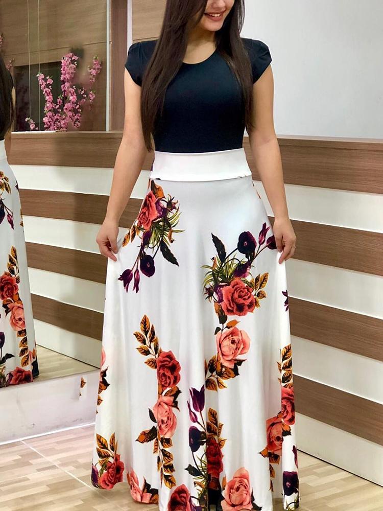 

Short Sleeve Floral Print Splicing Maxi Dress, White