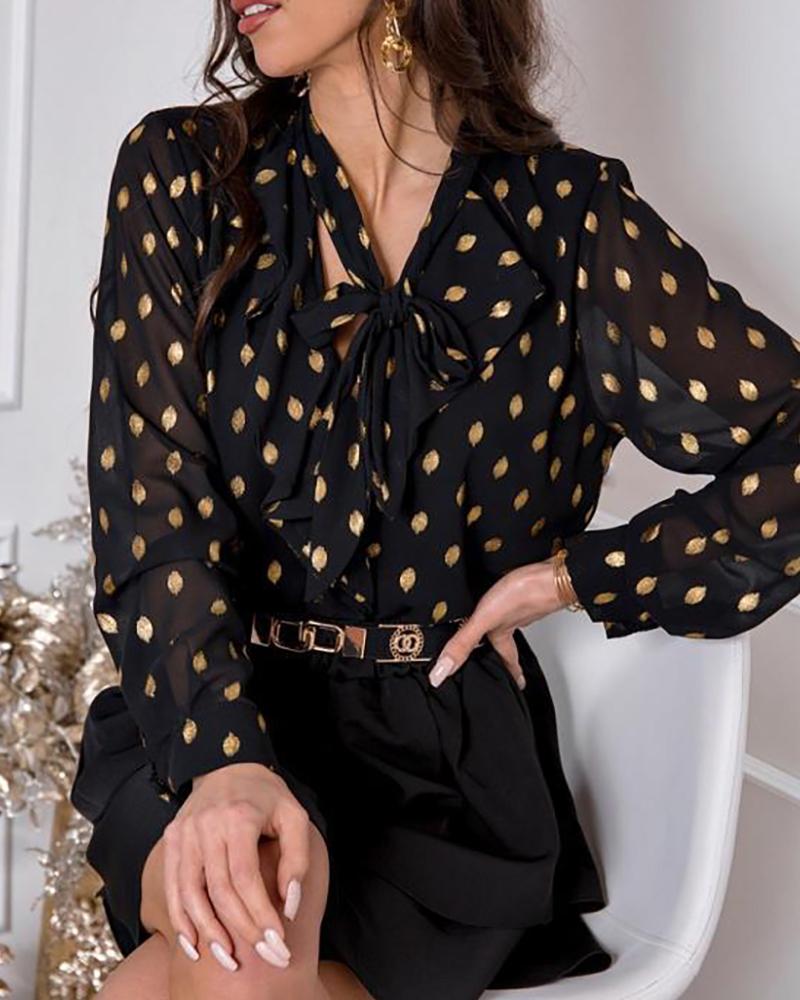 

Dot Print Bowknot Sheer Mesh Top, Black