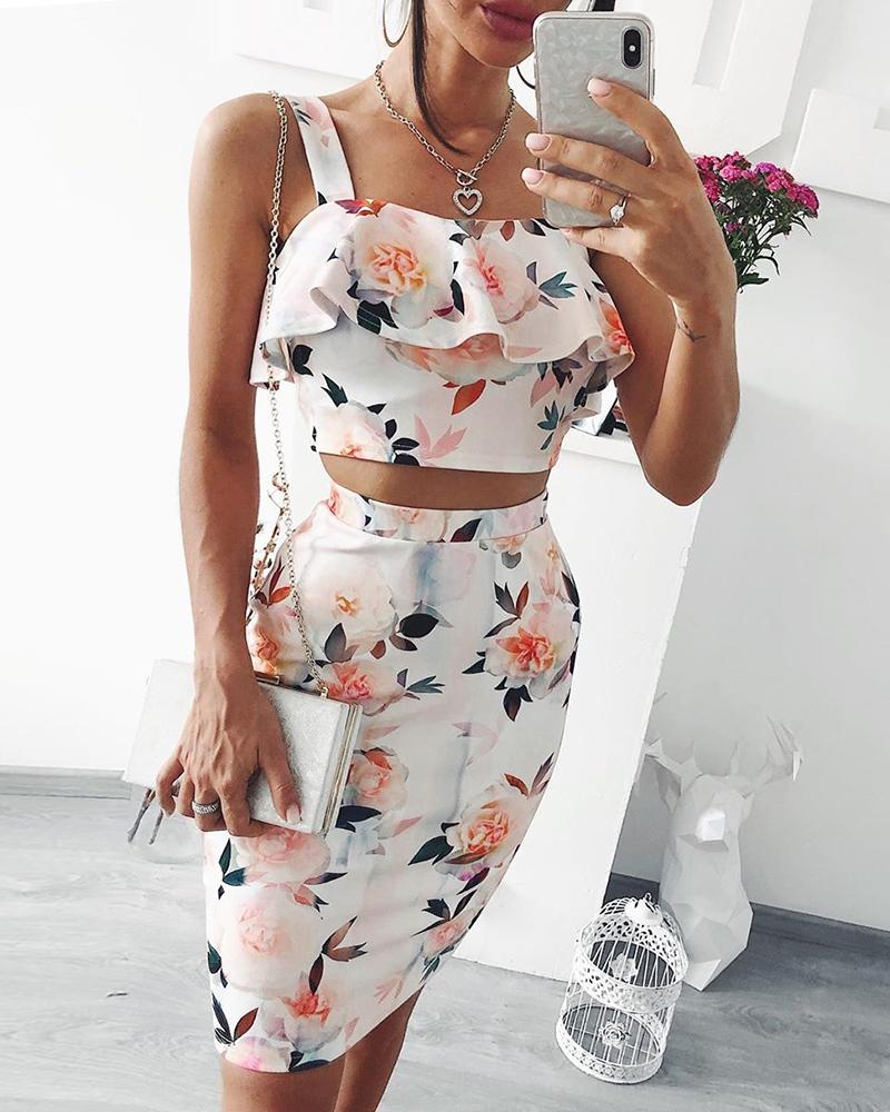 

Floral Print Ruffles Top & High Waist Skirt Set, White