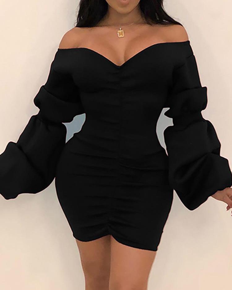 

Off Shoulder Puffed Sleeve Ruched Dress