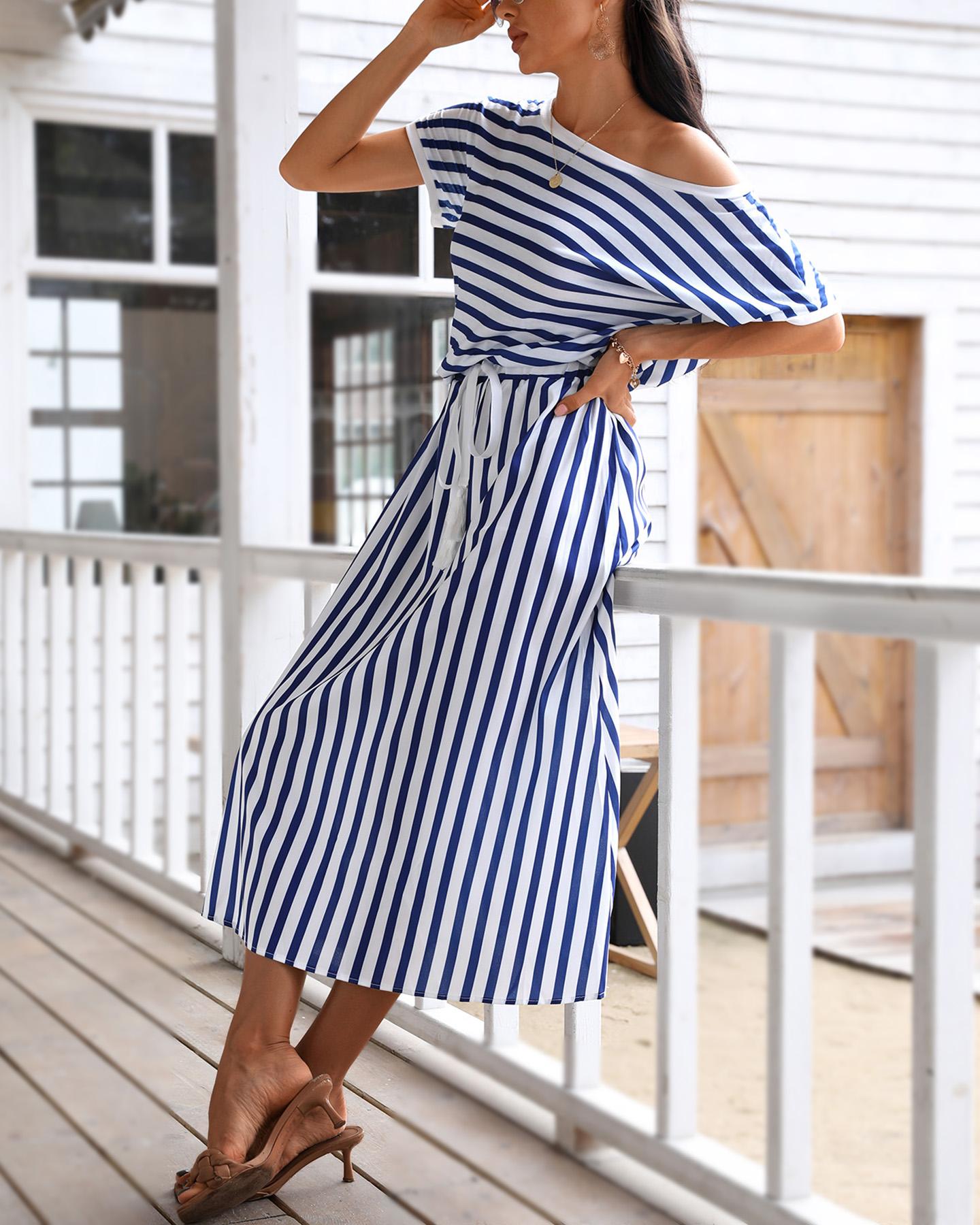 

Navy Blue Striped Top &Knot Skirt, Purplish blue