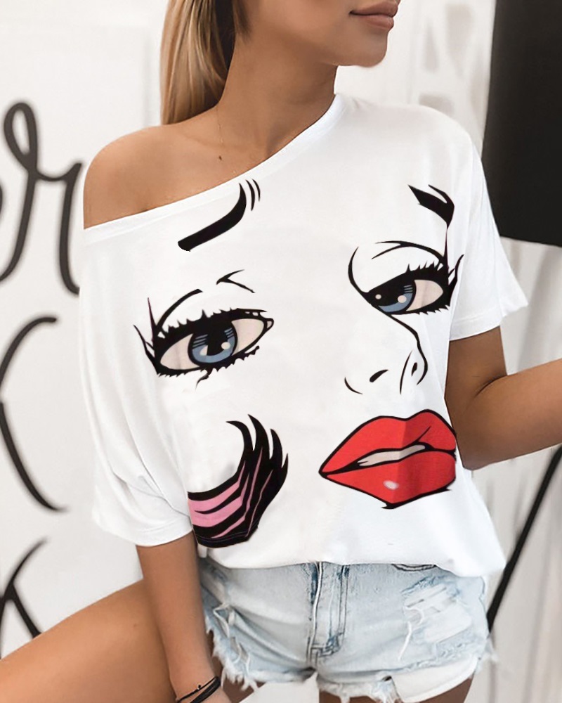 

Face Print Short Sleeve Casual T-shirt, White
