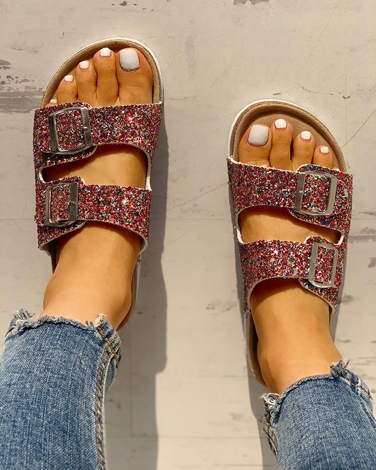 

Colorful Sequin Double Buckle Flat Sandals, Red