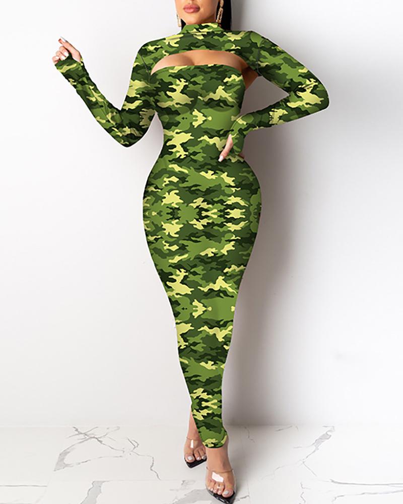 

Mock Neck Long Sleeve Print Top & Tube Dress Sets, Green
