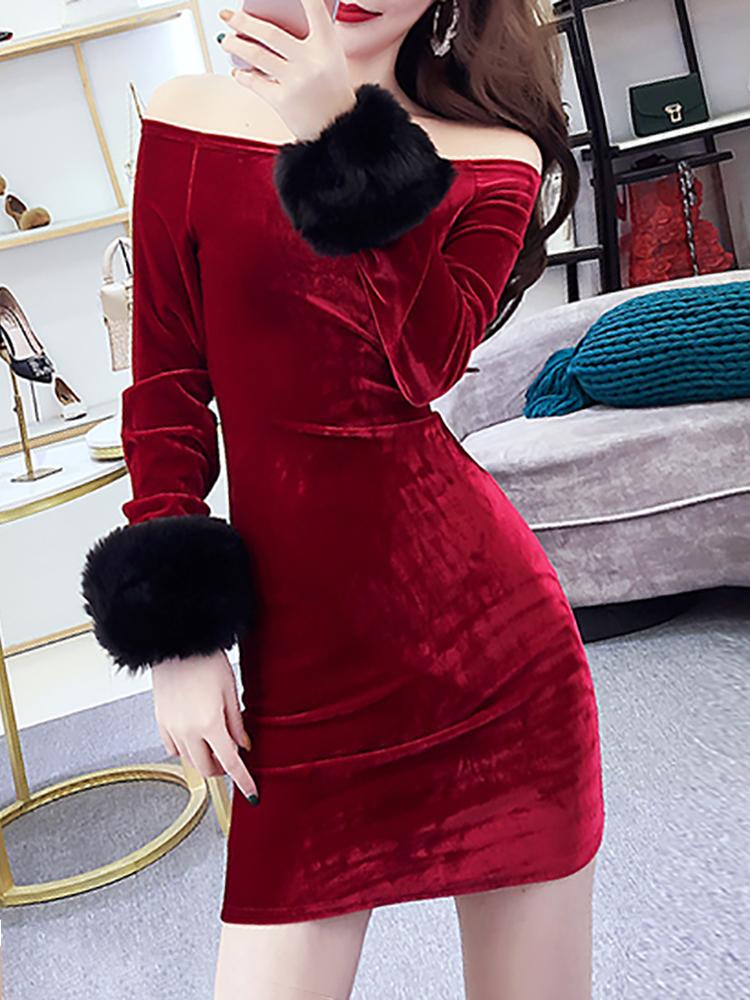 

Fluffy Embellished Off Shoulder Velvet Dress, Wine red