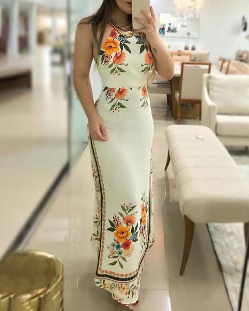 

Halter Floral Print Maxi Dress, Beige