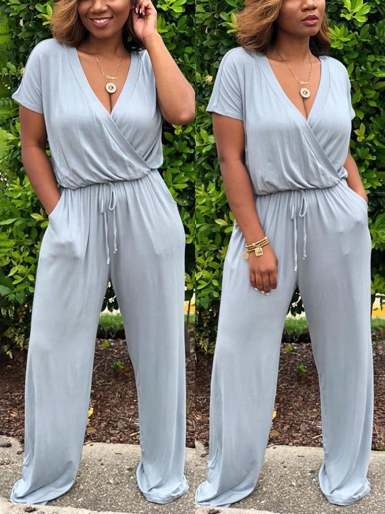 

Solid Drawstring Wrapped Wide Leg Jumpsuit