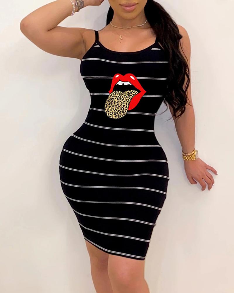 

Open Back Striped Lip & Leopard Bodycon Dress, Black