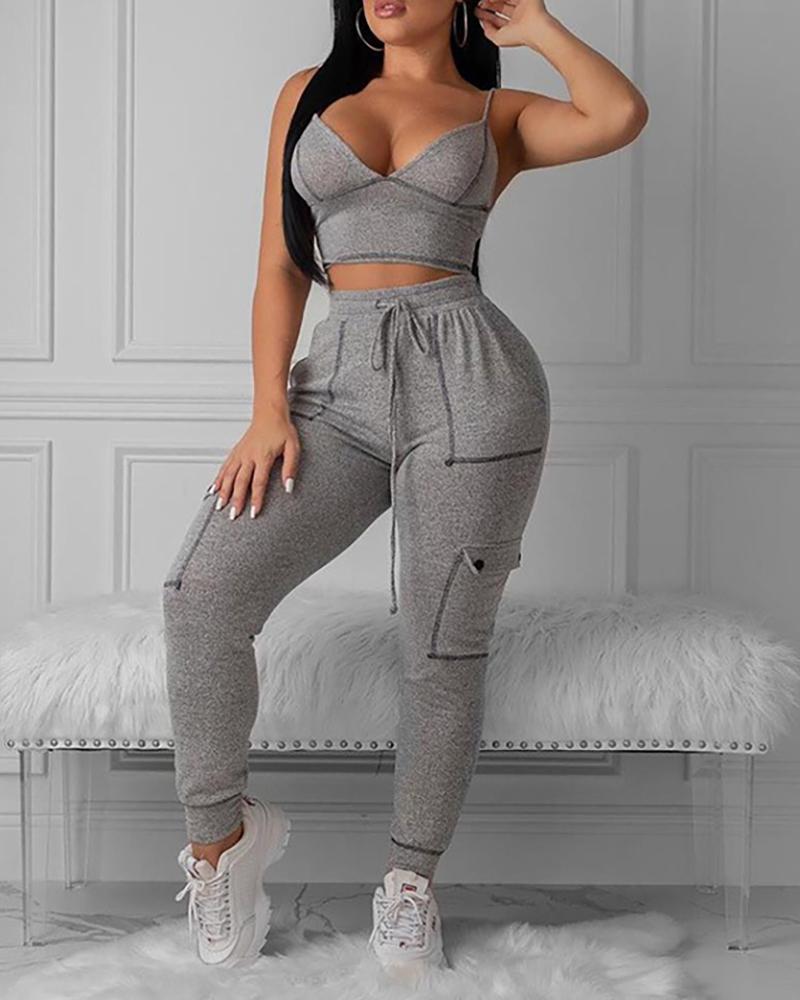 

V-neck Cami Top & Pant Sets, Gray