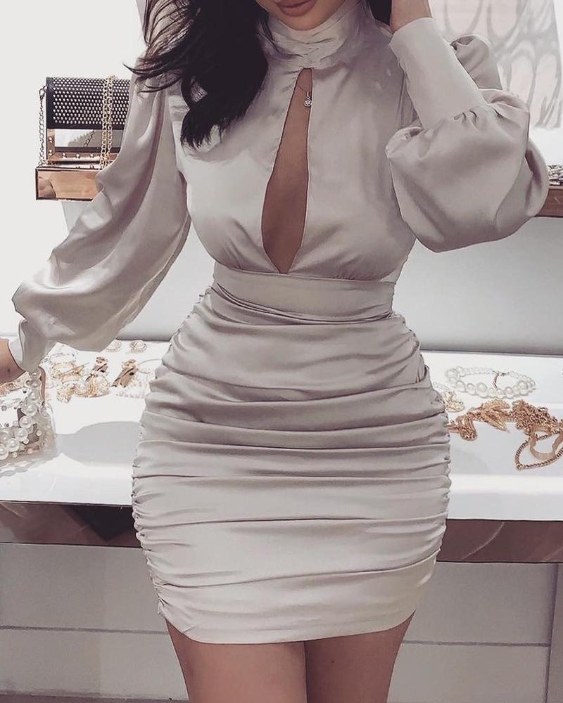

Solid Cut Out Chest Backless Ruched Dress, Beige