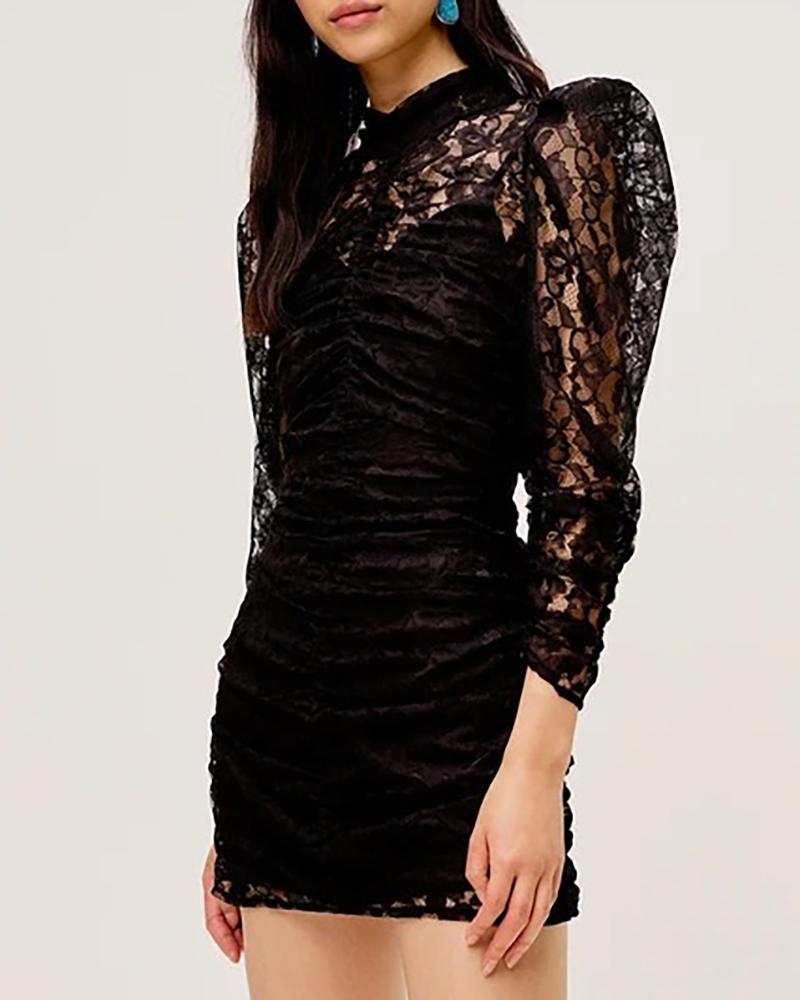 

Sheer Mesh Lace Puffed Sleeve Bodycon Dress, Black