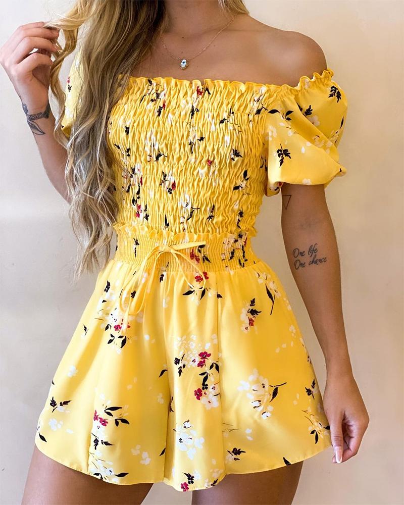 

All Over Print Short Sleeve Skinny Waist Casual Suit Sets, Yellow