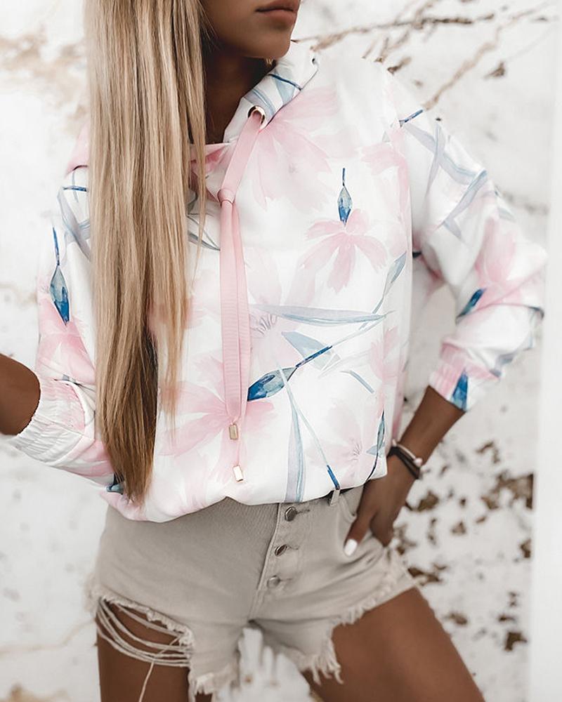 

Floral Printing Long Sleeve Hooded Sweatshirt, Pink