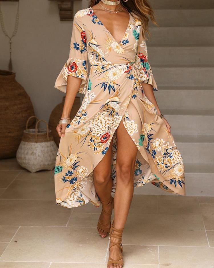 

Floral Print Self Belted High Slit Wrap Maxi Dress, Beige