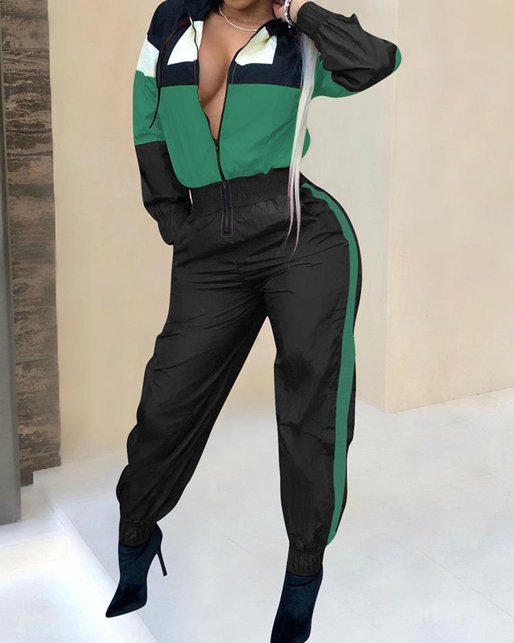 

Color Blocking Zipper Design Jumpsuits, Green