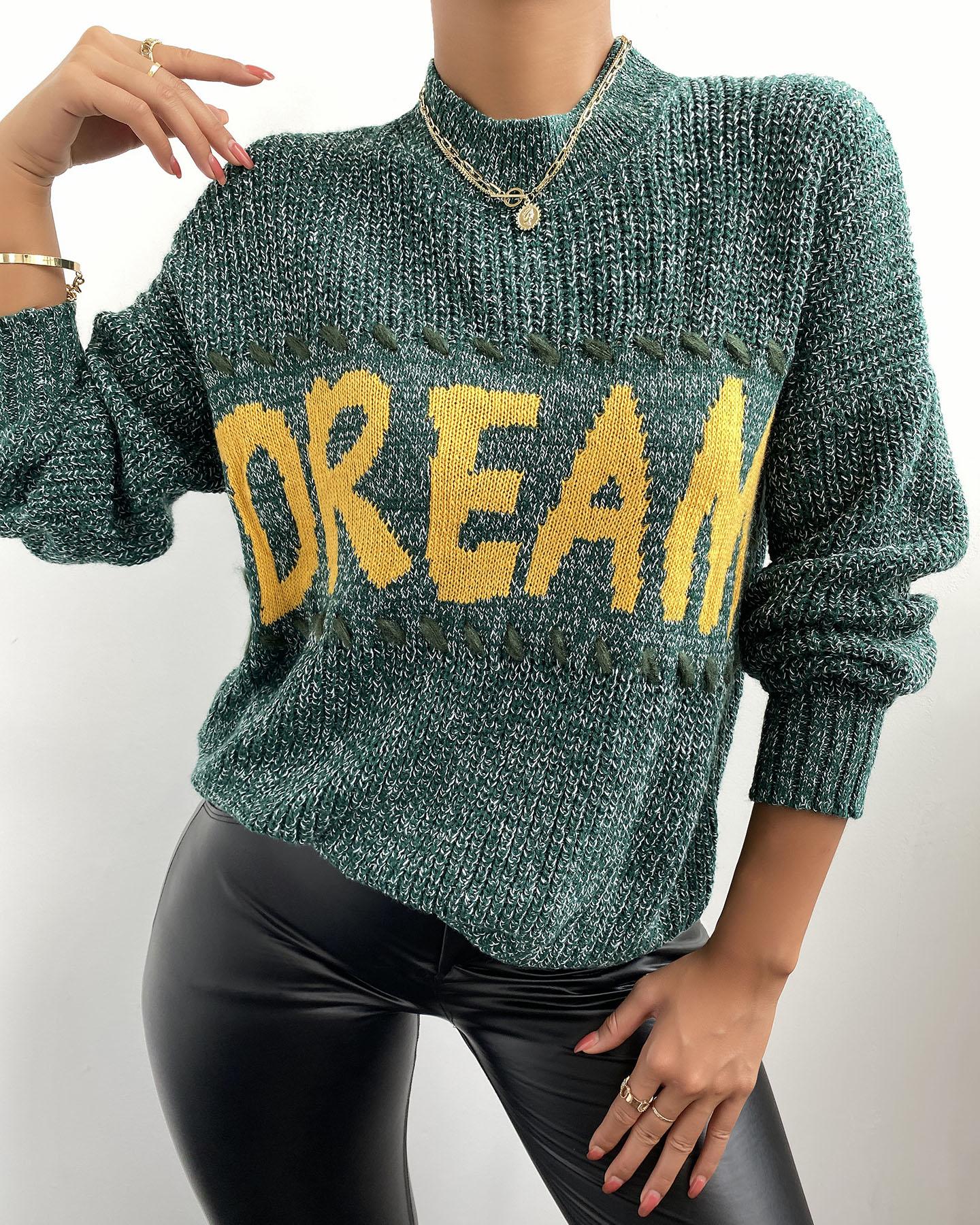 

Letter Pattern Knit Long Sleeve Sweater, Green