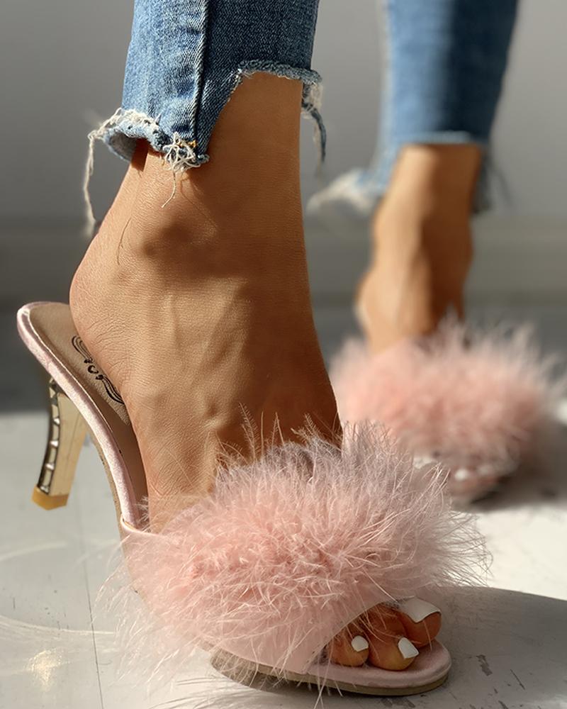 

Peep Toe Fluffy Thin Heeled Sandals, Pink