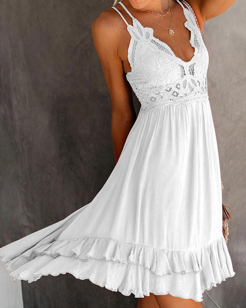 

V-neck Lace Hollow Out Ruffles Casual Dress, White