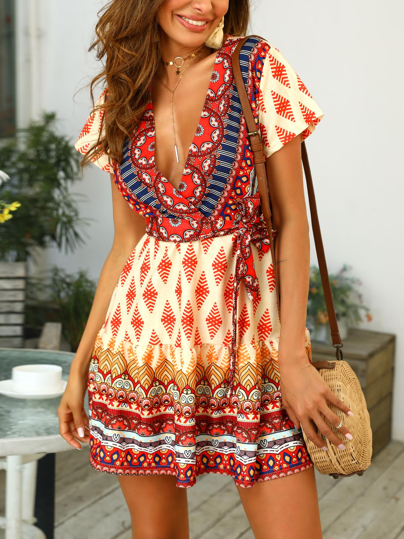 

Ethnic Print Tied Waist Flounced Dress, Red