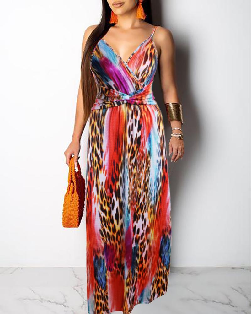 

V-Neck Print Spaghetti Strap Maxi Dress, Leopard