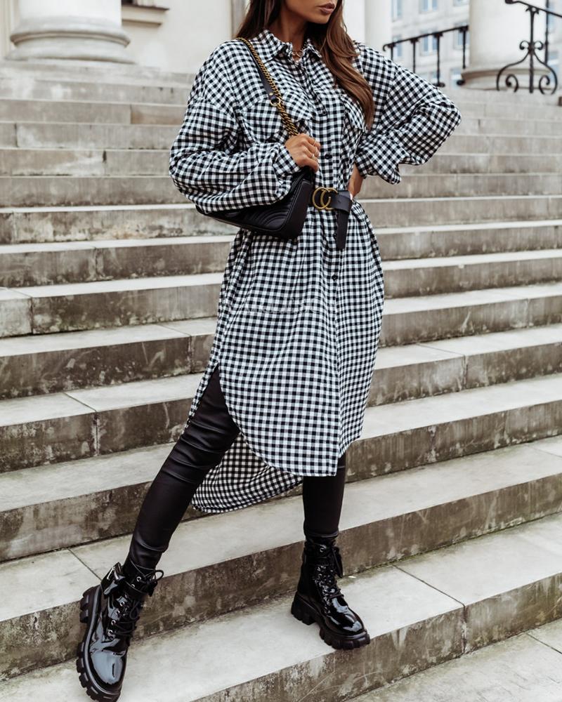 

Plaid Colorblock Button Design Shirt Dress, Black