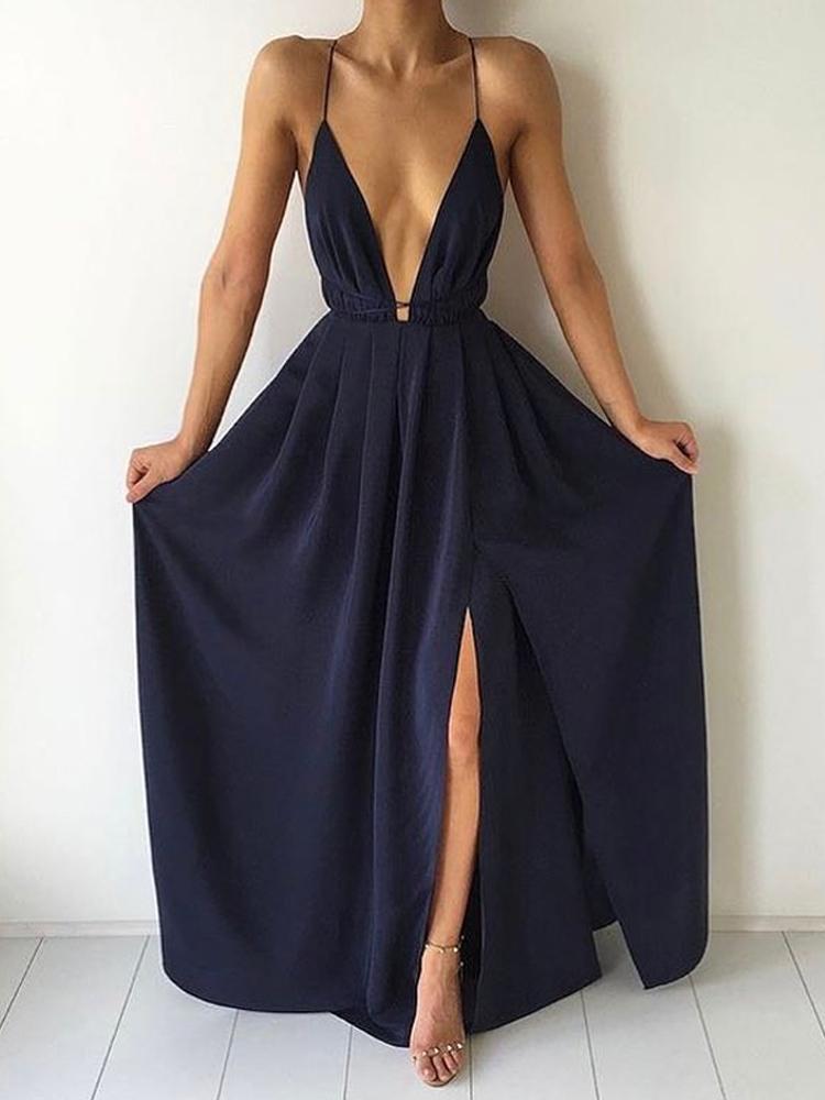 

Stylish Crisscross Open Back High Slit Maxi Dress, Purplish blue