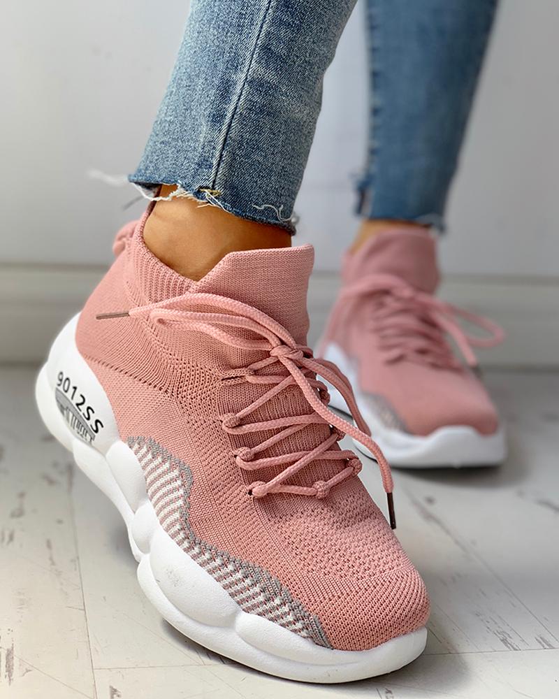 

Solid Breathable Lace-Up Casual Sneakers, Pink
