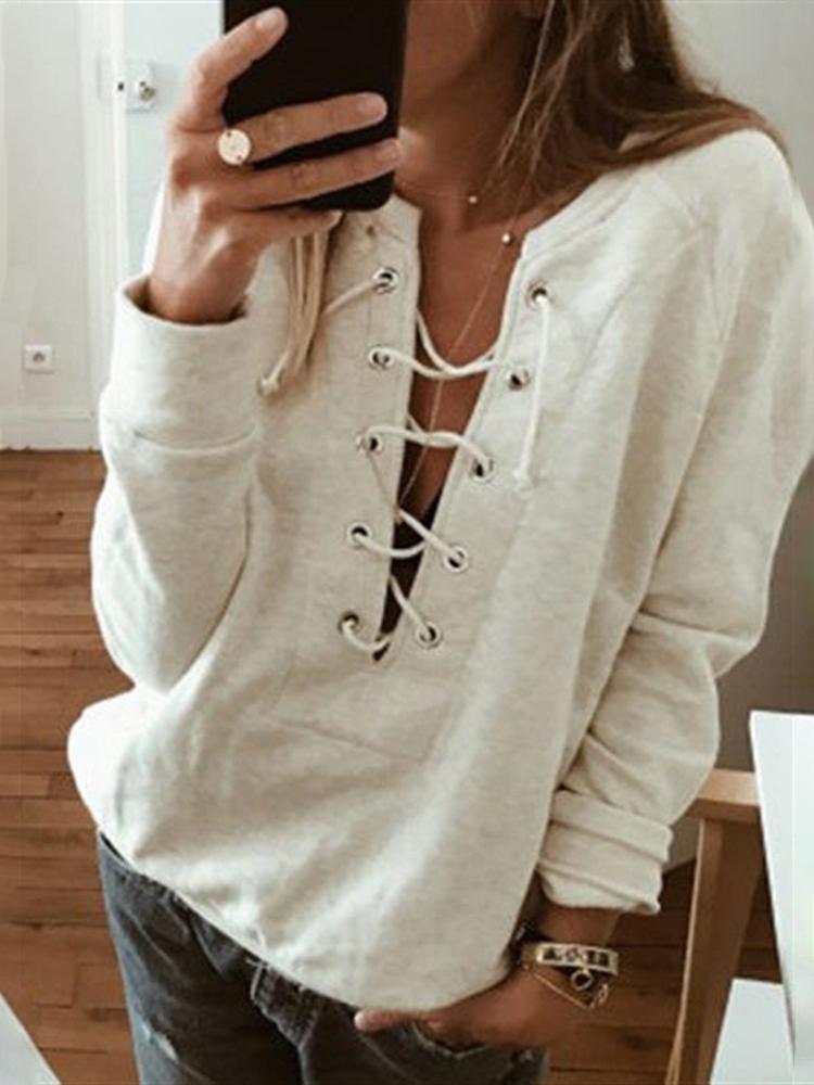 

Solid Long Sleeve Lace-Up Eyelet Sweatshirt