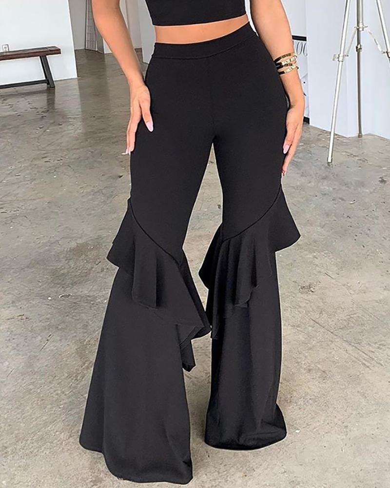

Solid Ruffled Design Bell-bottom Pants, Black
