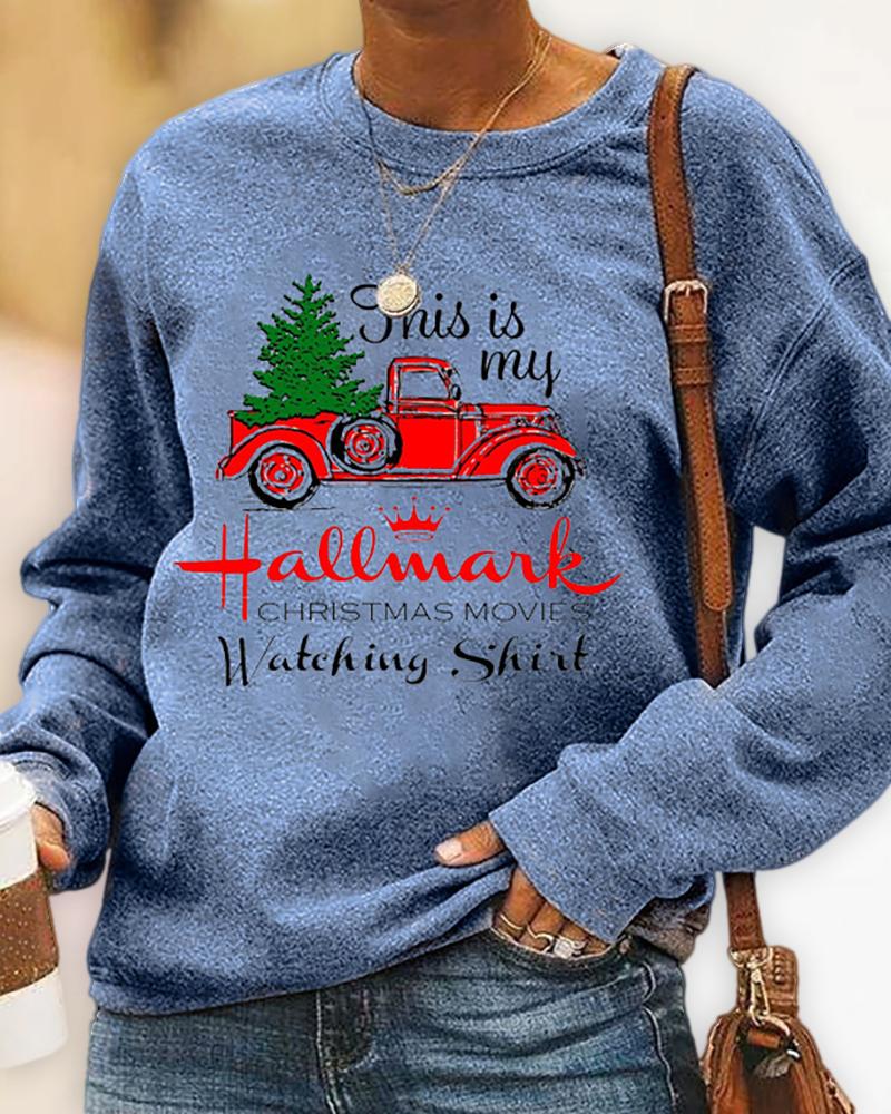

Christmas Letter Car Print Casual Sweatshirt, Dark blue