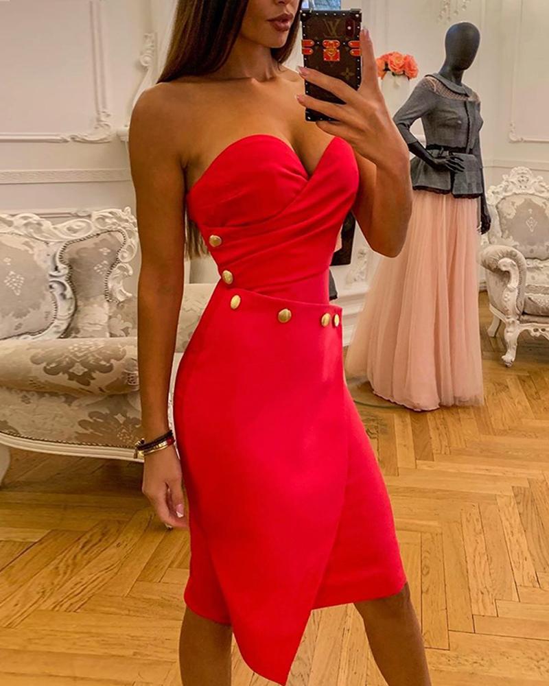 

Sweetheart Faux Button Mini Tube Dress, Red