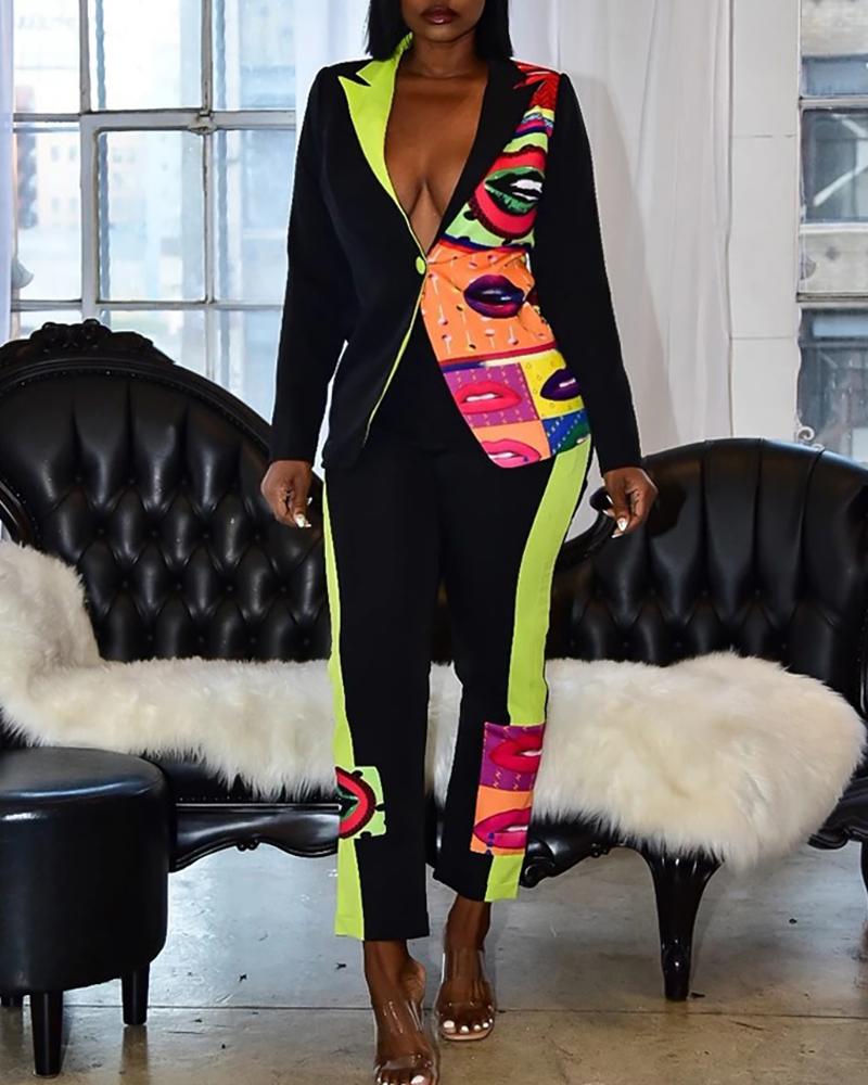 

Notched Collar Mouth Print Colorblock Blazer & Pants Sets, Black