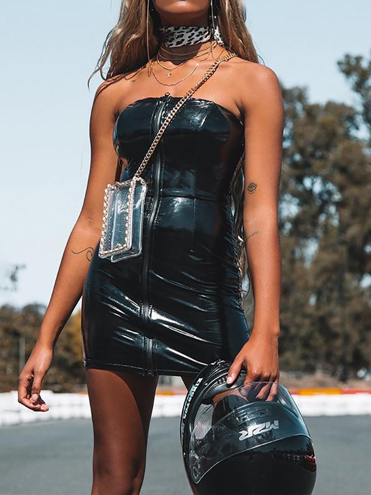 

Zipper Up Front Bandeau PU Dress, Black