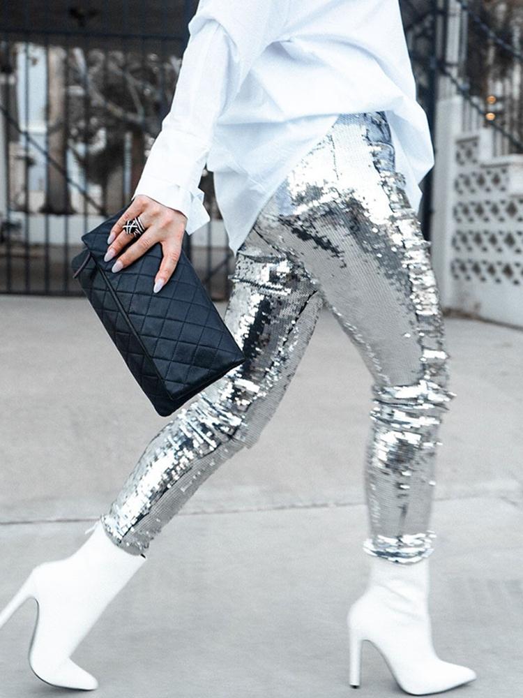 

Shiny Sequins Pocket Design Slinky Pants