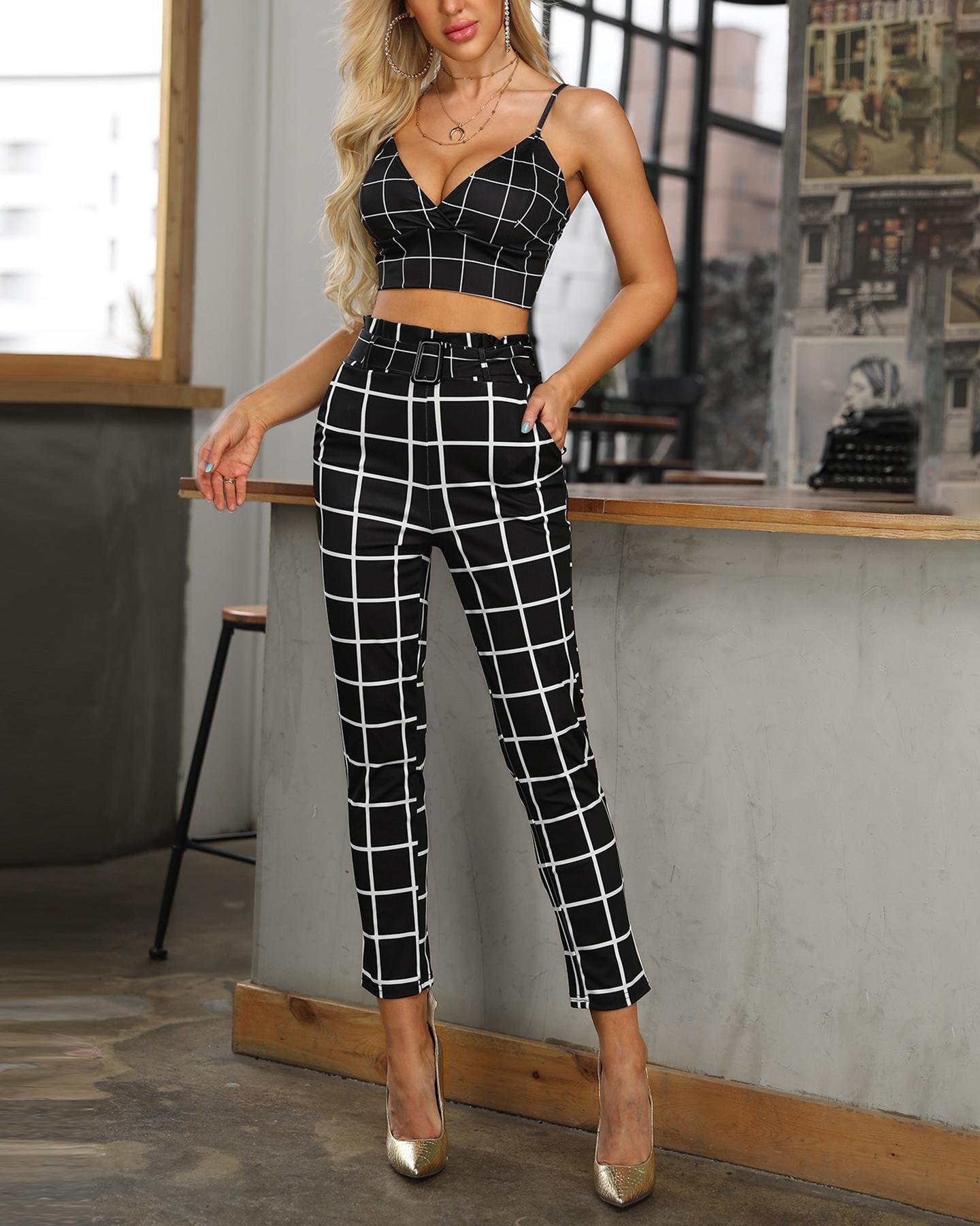 

Grid Wrapped Cami Top & High Waist Pants Set, Black