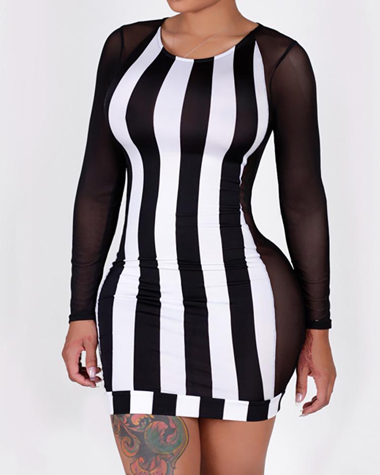 

Contrast Stripes Mesh Insert Long Sleeve Dress