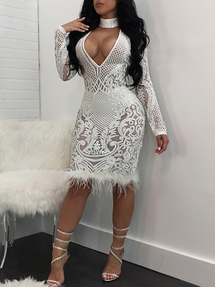 

Fluffy Embellished Cut Out Front Sequin Dress, White