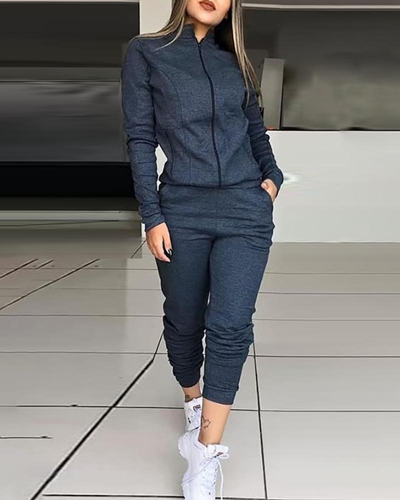 

Solid Zipped Top & Pant Sets, Gray