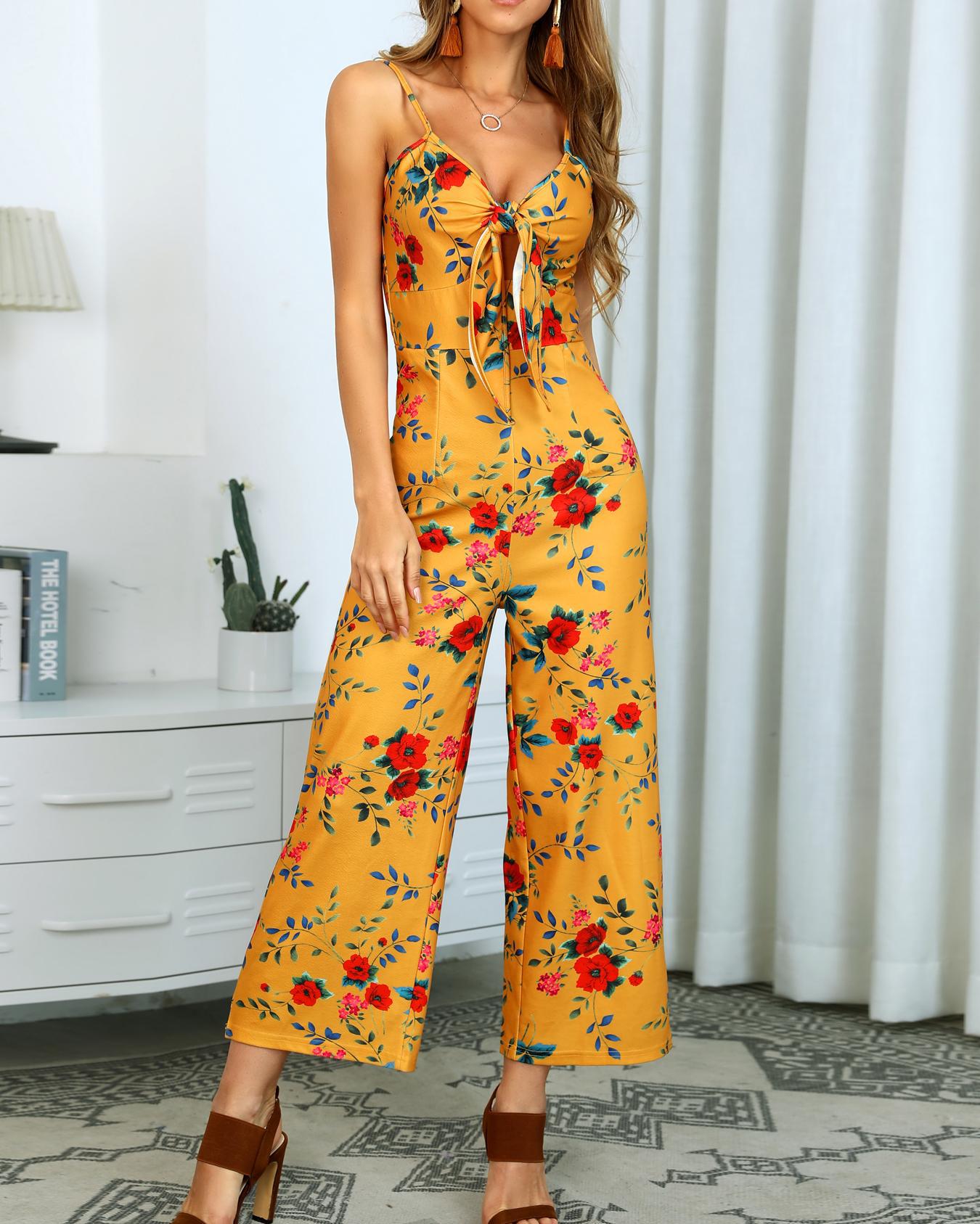 

Knot Open Back Floral Print Jumpsuit, Yellow