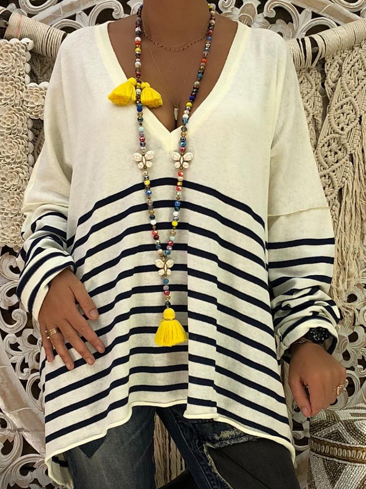 

V-neck Striped Splicing Casual Top