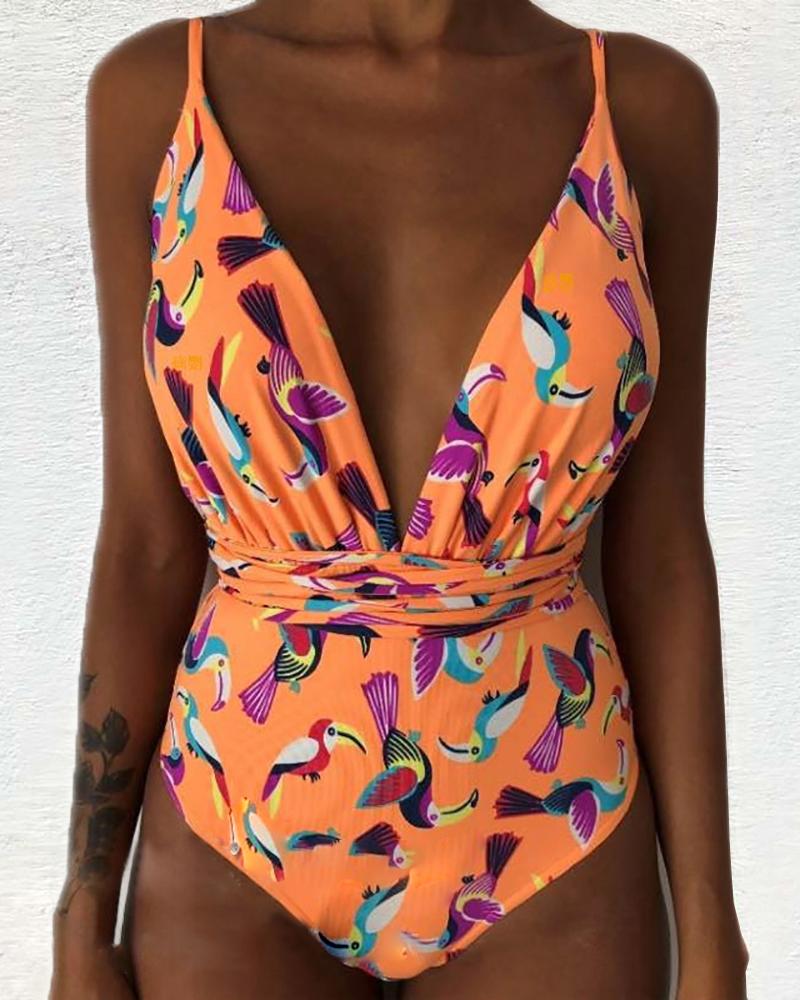 

Print Spaghetti Strap One Piece Swimsuit, Orange