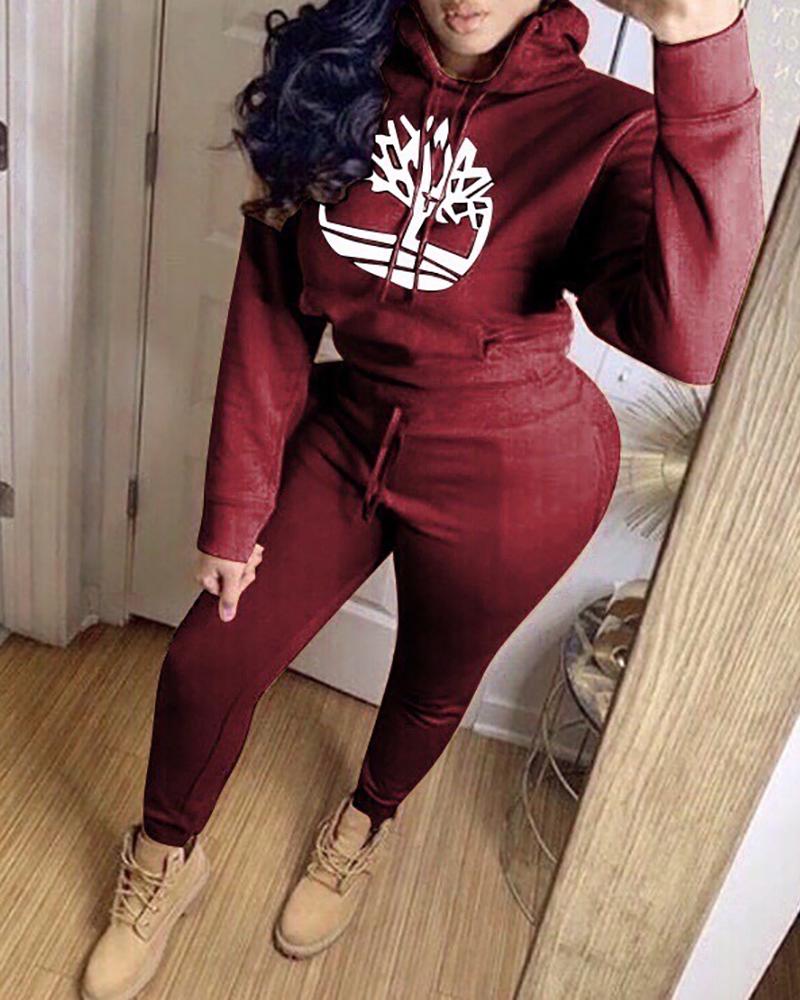 

Print Drawstring Design Hooded Top & Pant Sets, Wine red