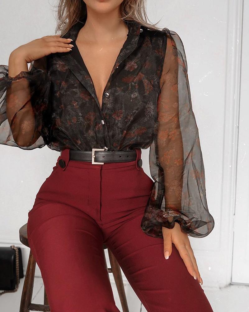 

Mesh Sleeve Button-Down Blouse, Black