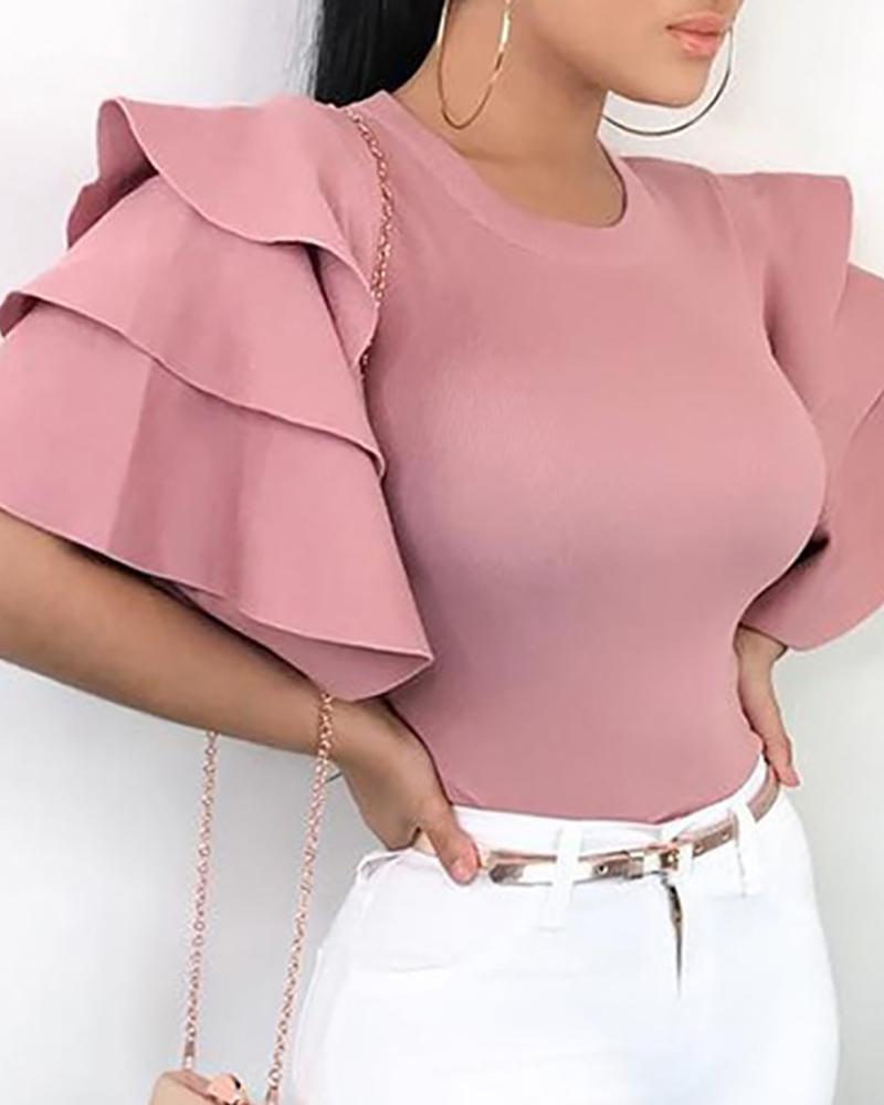 

Layered Ruffle Bell Sleeve Casual Blouse, Pink