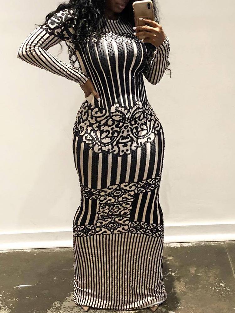 

Stripes & Print Long Sleeve Maxi Dress, Black