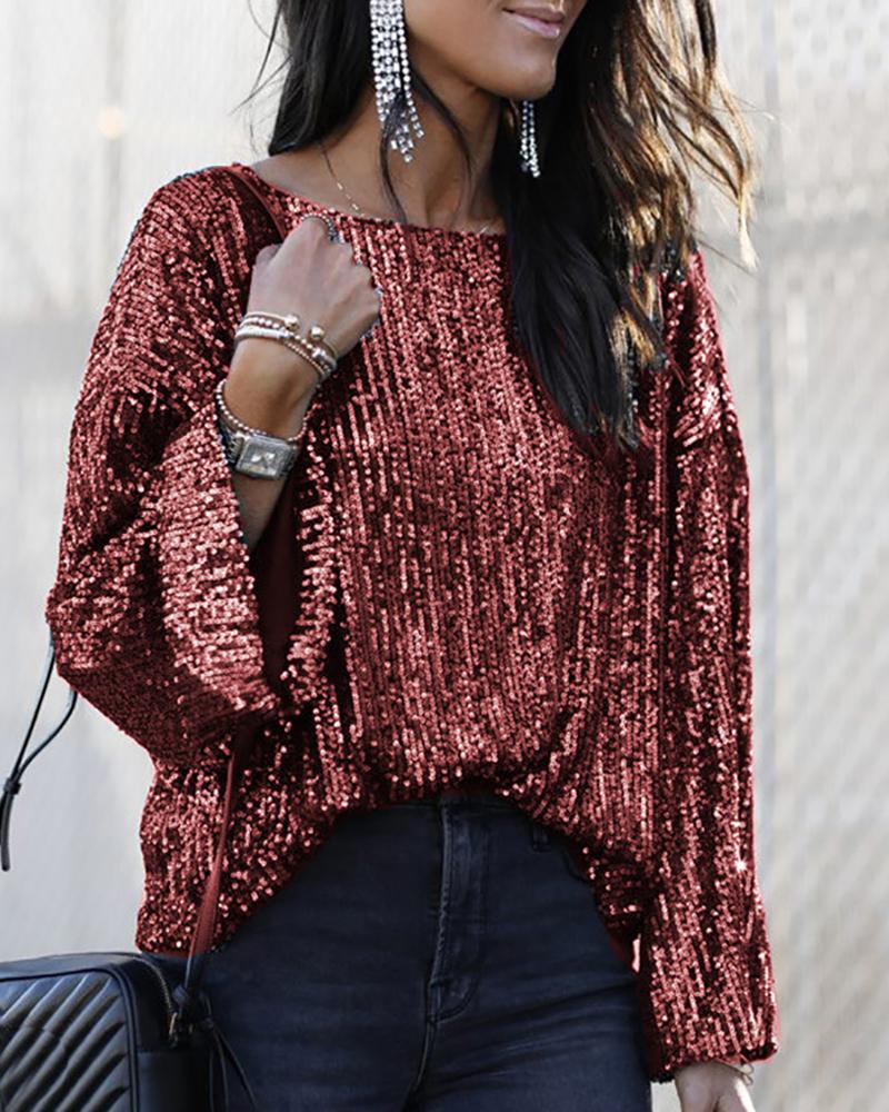 

Long Sleeve Sequins Blouse, Wine red