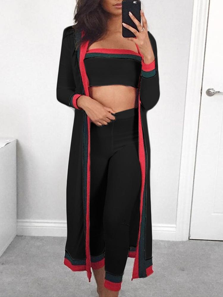 

3PCS Striped Tape Crop Top & Pants With Coat Sets