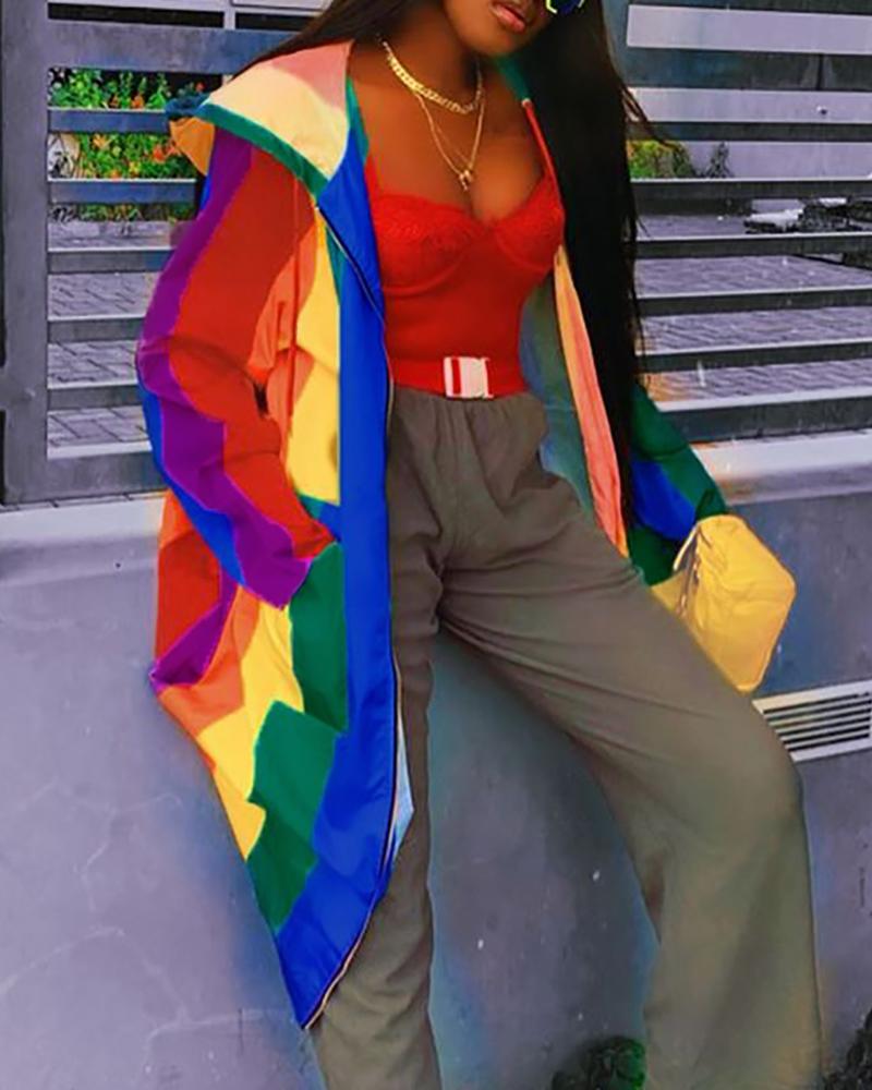 

Colorblock Zipped Design Long Sleeve Pocket Hooded Coat, Multicolor